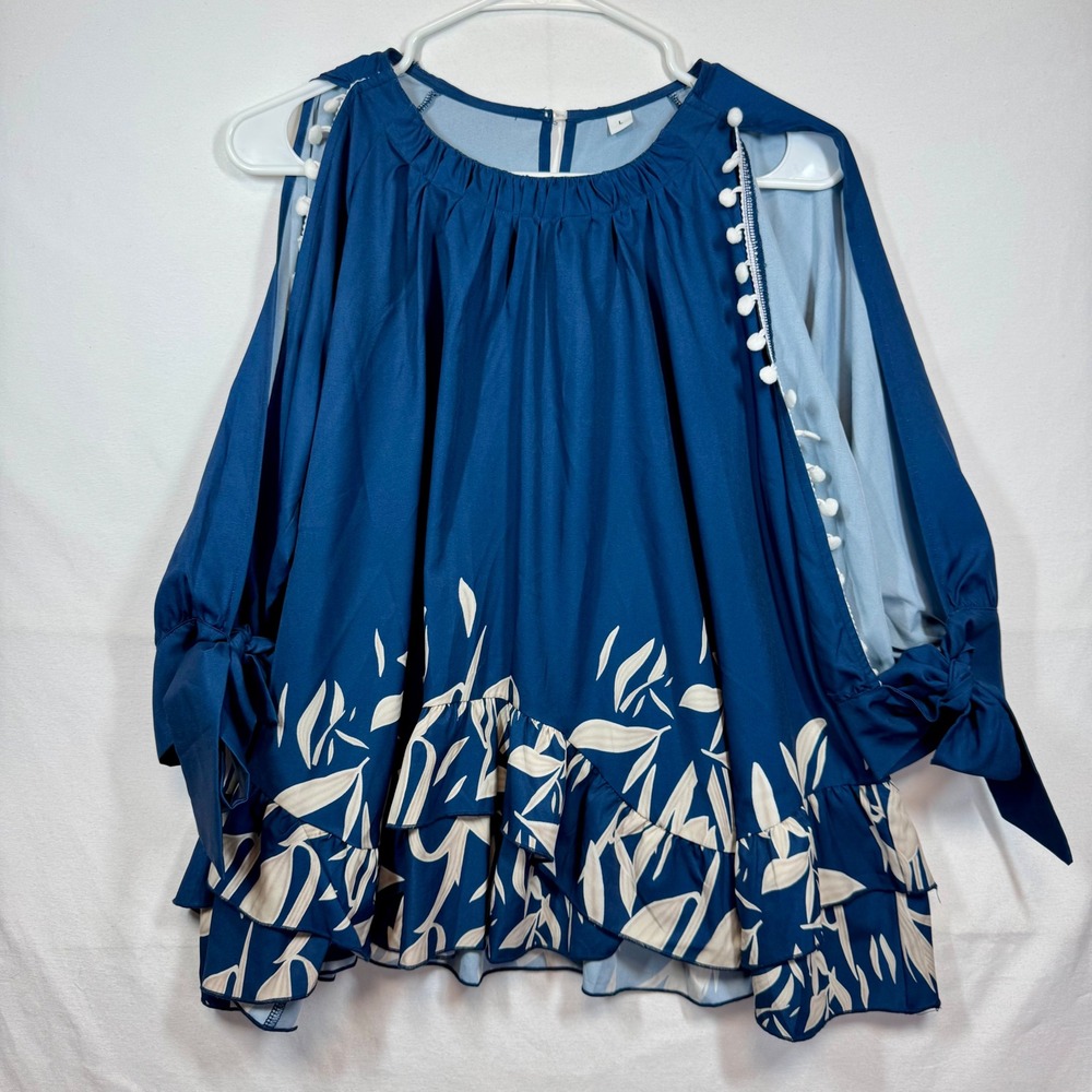 Cold Shoulder Blouse Ruffle Hem Floral Print Tie‎ Sleeve Top Size Large